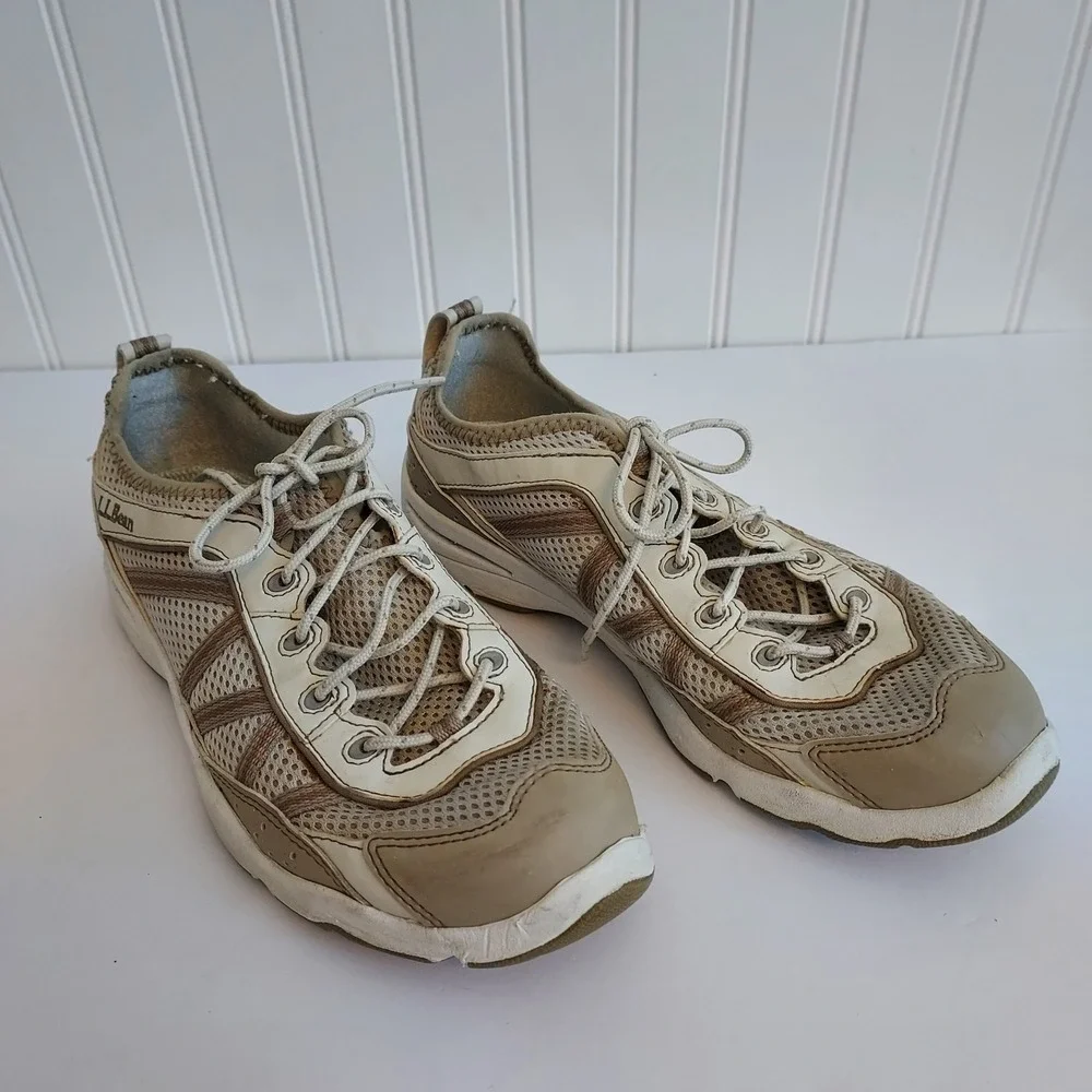 LLBean‎ Womens Athletic Shoes Tan Cream Mesh Lace Up Low Top Sneakers Size 8